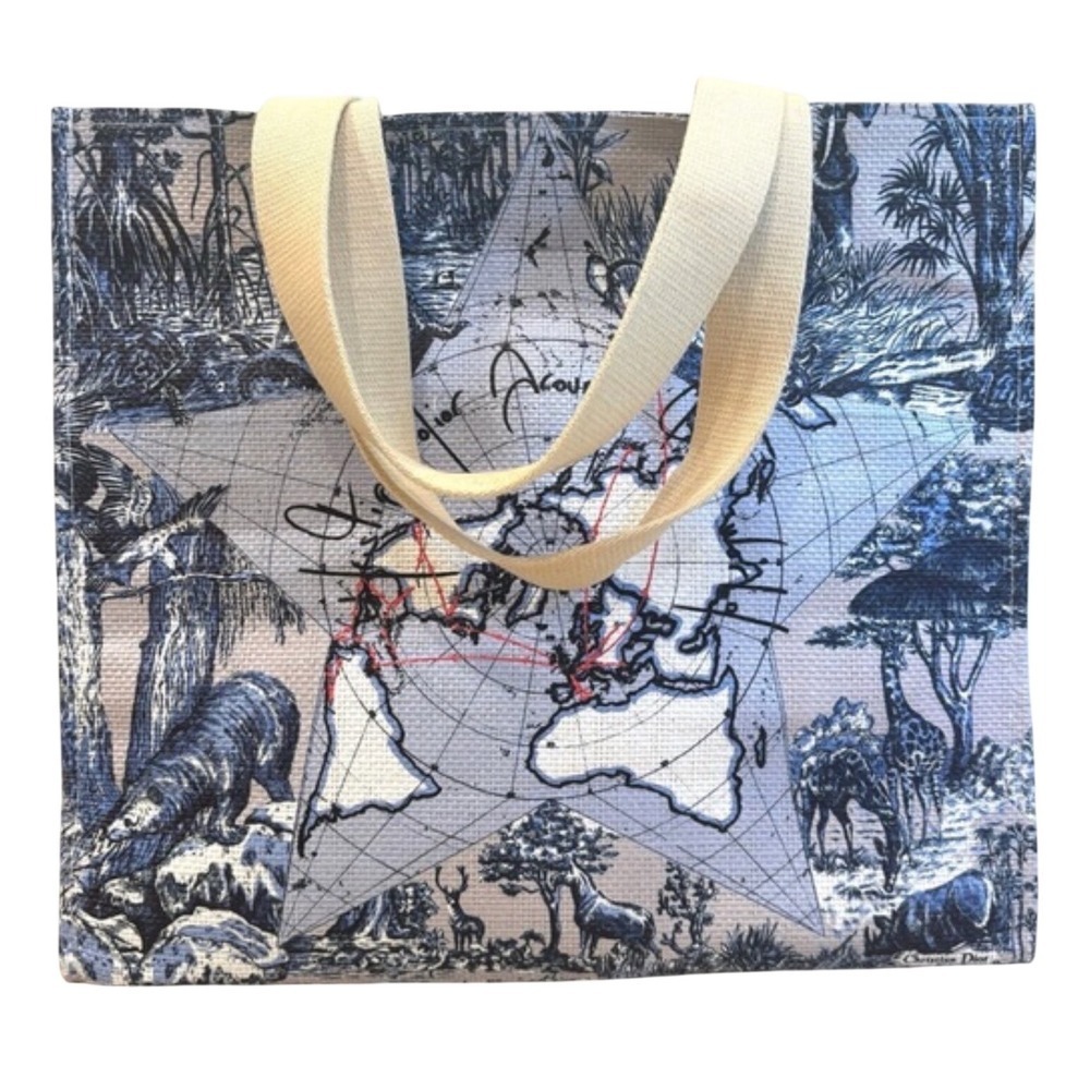Dior Beauty Toile de Jouy Blue White Paper Straw Tote Bag Map Animal Print